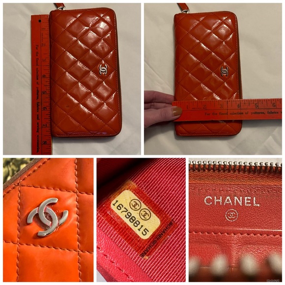 AUTHENTIC CHANEL Coral Orange Matelasse Patent Interlocking C CC Quilted Wallet - Picture 10 of 16